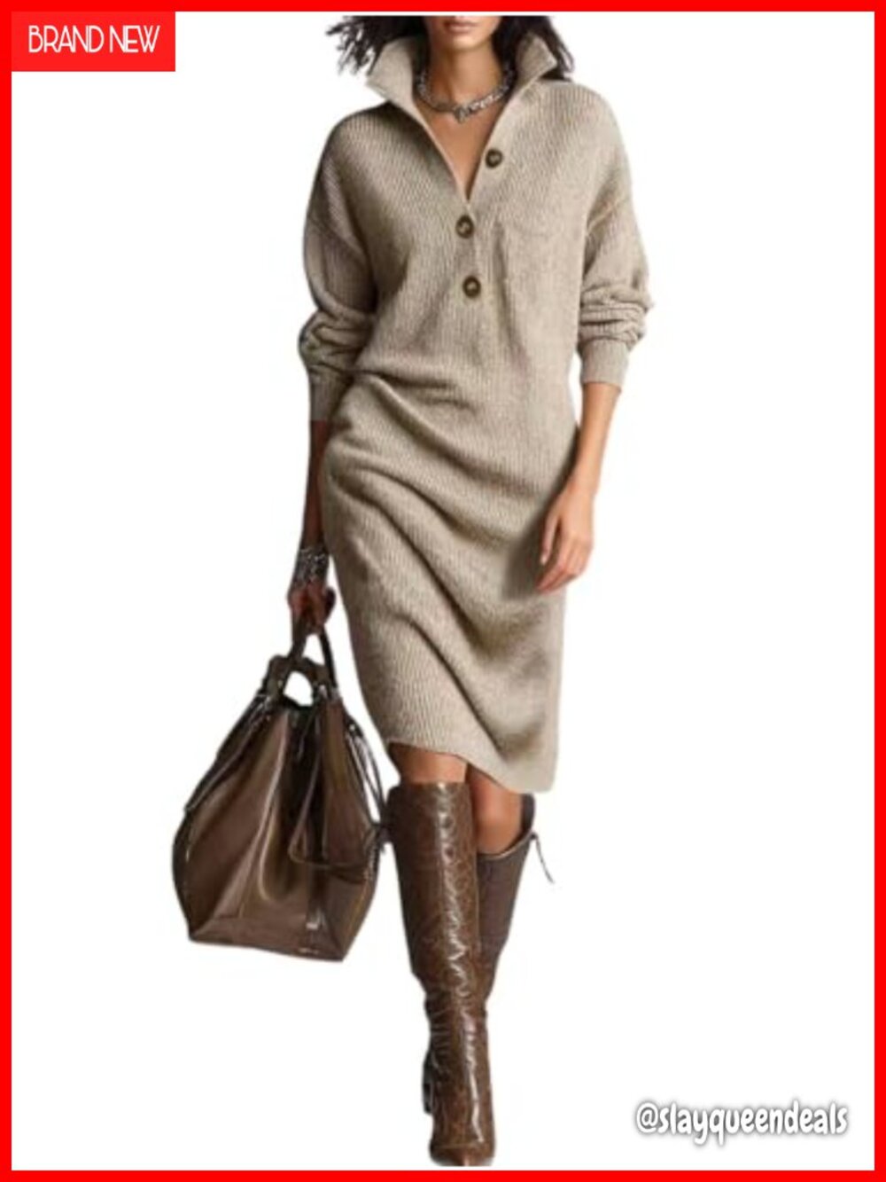 Ribbed Knit Sweater Dress Button Up Polo Collar Long Sleeve Midi